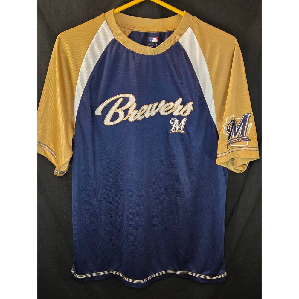 Milwaukee Brewers MLB Jersey Mens‎ Large Navy Gold Raglan Mesh Baseball Shirt L